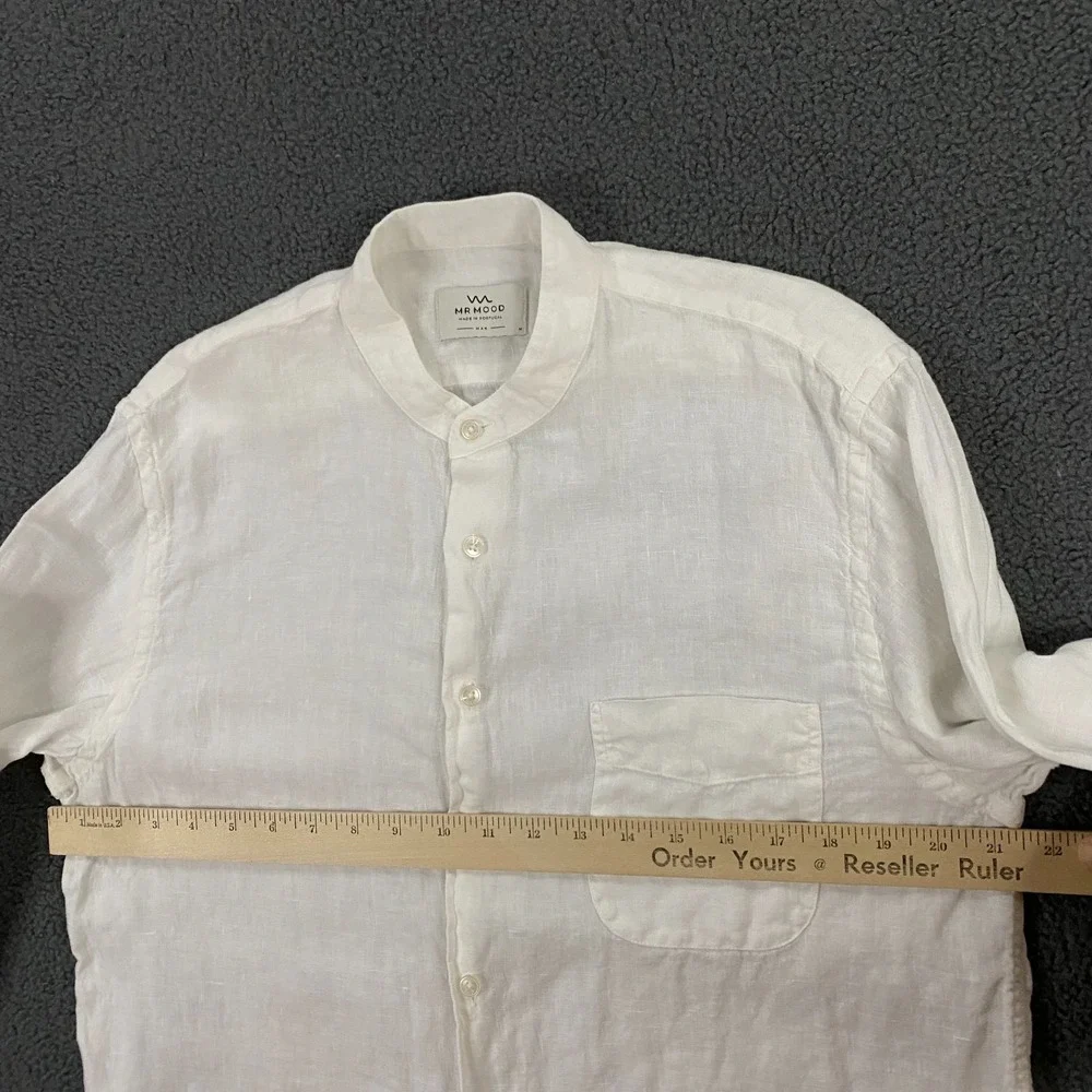 Mr Mood Linen Shirt Mens Medium Band Collar White‎ Resort Vacation Portugal